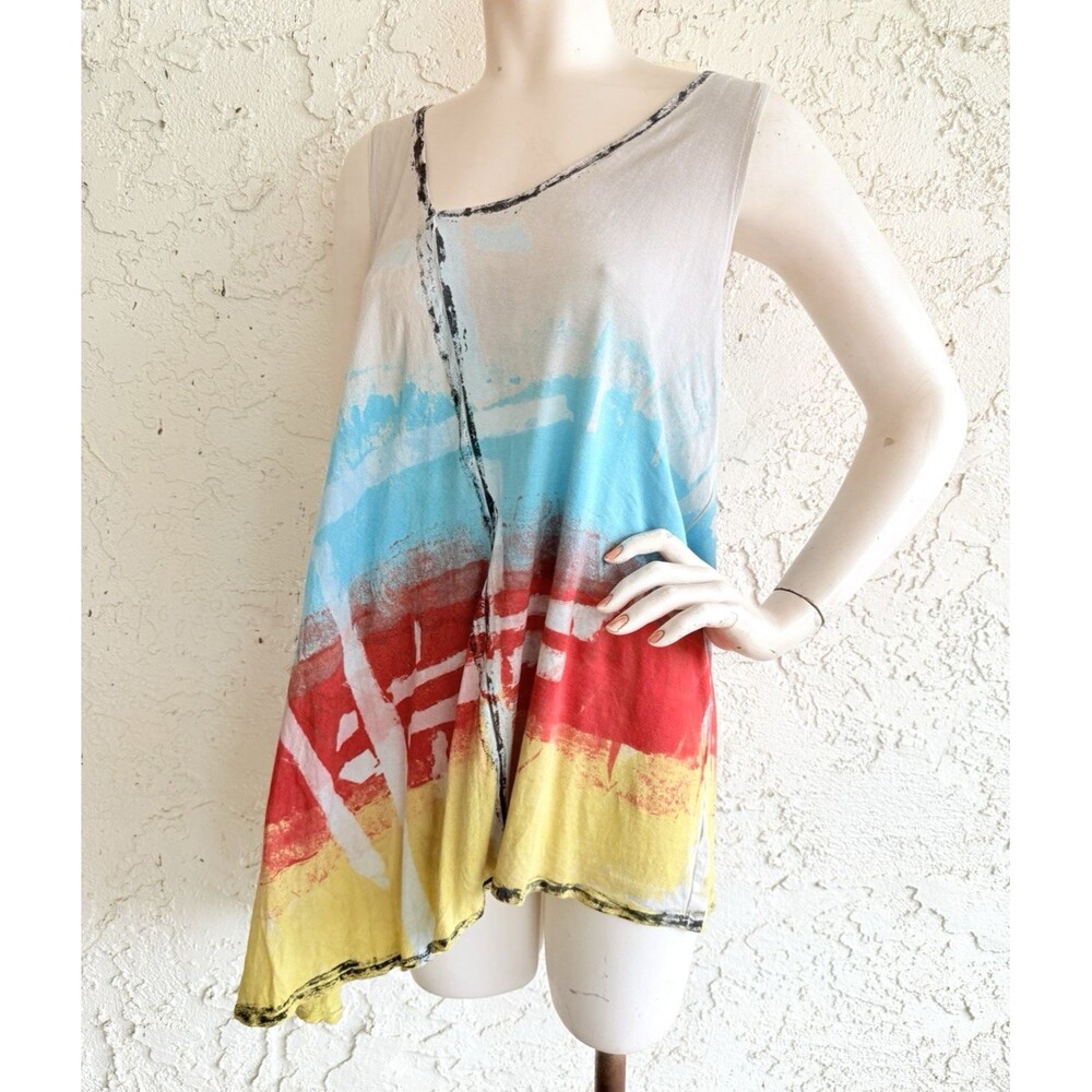 ART OF CLOTH XL Tunic Top Multi Color Abstract Print Asymmetric Lagenlook Blouse